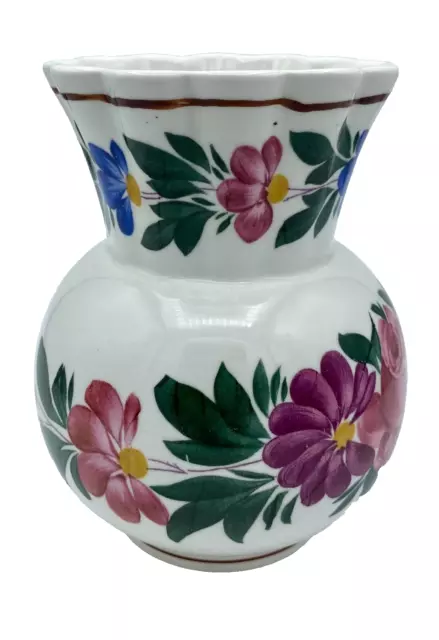 Ceramic Handpainted Vase With Ruffled Rim Floral Design Cottage Look