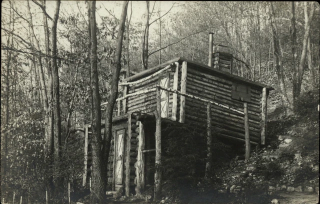 RPPC Log building in woods ~ mailed 1909 Bedford MA to ROLLINS East Dedham