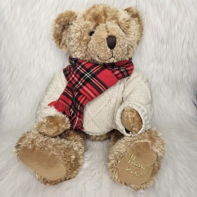 Harrods 2002 Sitting Christmas Teddy Bear 13" Beige Sweater Scarf Collectible
