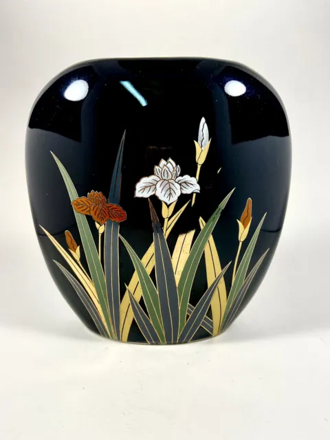 Otagiri Japanese Vintage Black Oval Floral Iris Vase 7” Art Deco