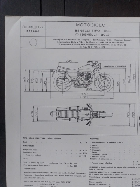 BENELLI BC 750 6 CILINDRI DGM documento Originale Omologazione 1974