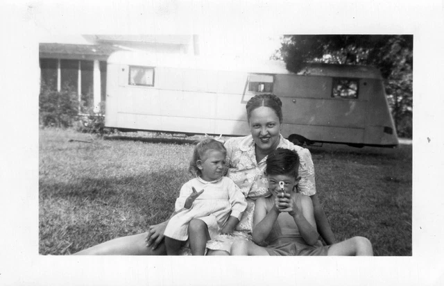 Vintage Photo Woman And Kids Boy Toy Gun Rv Motor Mobile Home Trailer Americana