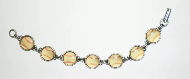 Vintage 30s Metal & Domes Cabochon Glass Baseball Softball Charm Link Bracelet
