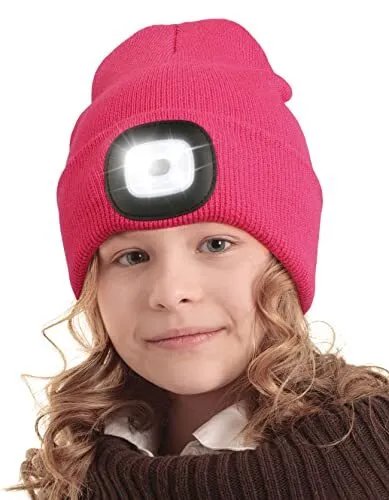 Unisex LED Beanie with Light for Kids, USB Rechargeable Hands One Size Rose Red