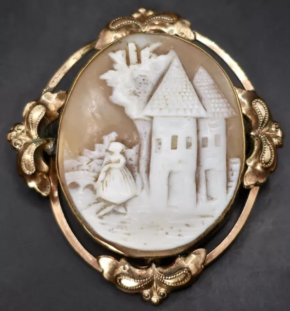 Antique Art Deco Carved Cameo Shell Lady w Castle 2.25" Pin Brooch Fancy Frame