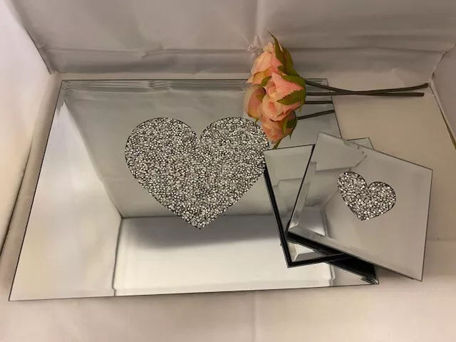 Crushed Crystal Heart Mirrored Glass Choice Of Placemats Or Matching Coasters