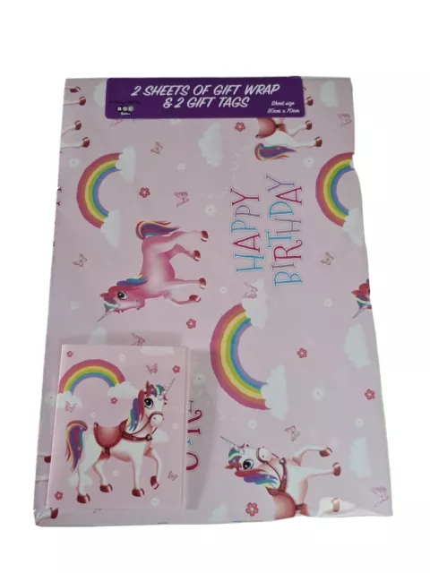 Gift 2 Thick Sheets Unicorn Birthday Girl Wrapping Paper 50×70cm & 2 Gift Tags