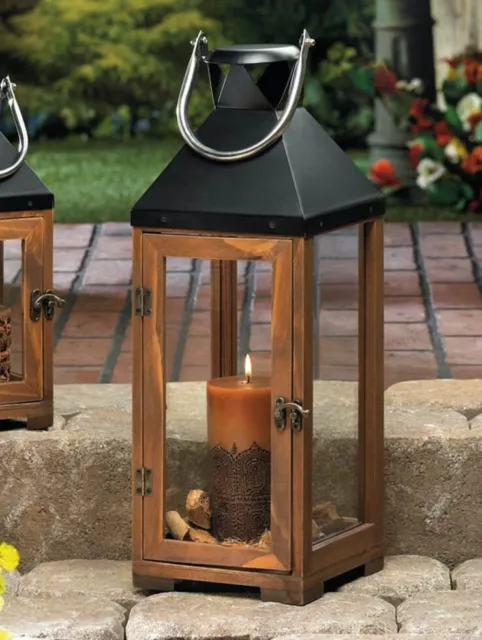 Large Brown Wood & Metal 20" Tall Candle Holder Lantern Light Terrace Outdoor