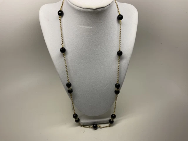 VTG Signed J CREW Gold Tone Black Bead Clear Crystal Spacer Station Necklace-25”