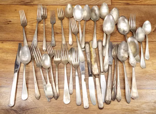 36 Piece Mixed Lot Of Old Estate Silverplate Flatware, Crafts/Repurpose/Resale