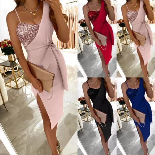 Womens Sequins One Shoulder Bodycon Dress Evening Cocktail Party Sexy Midi Dress