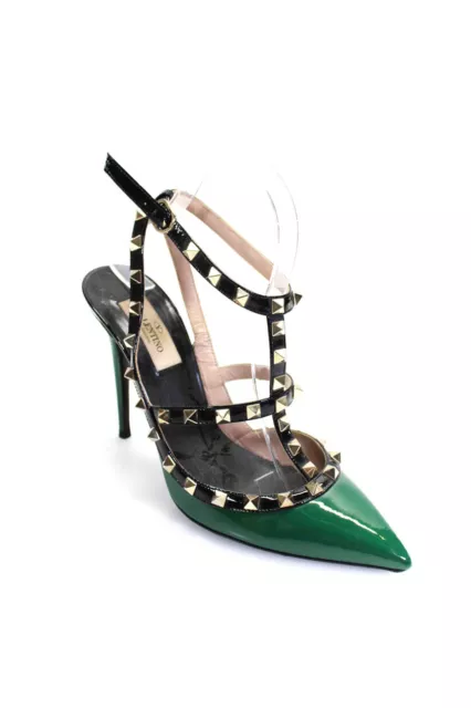 Valentino Garavani Womens Patent Leather Studded Stiletto Pumps Green Size 9US