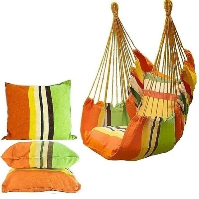 Hammock Chair Cotton Rope Porch Swing with Cushion for Indoor Outdoor Using