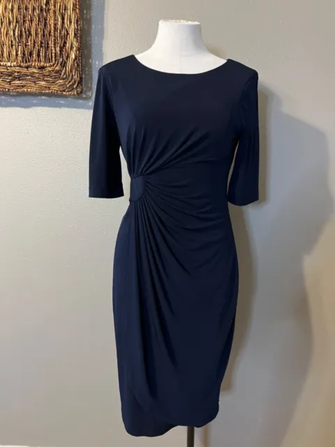 Connected Dress 10 Navy Blue Short Sleeve Stretch Sheath Washable Career Church