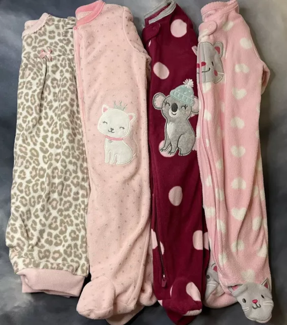 LOT OF 4 Baby Girl Fleece Sleepers Carters size 3 months cheetah print cat