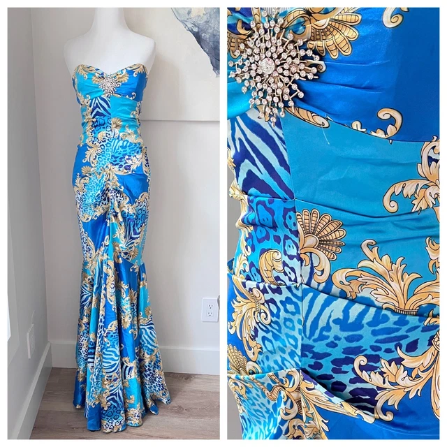 CACHE Vintage 90s Y2K Miami Blue Baroque Mermaid Maxi Gown Dress Sz 2 XS PROM CACHE Vintage 90s Y2K Miami Blue Baroque Mermaid Maxi Gown Dress Sz 2 XS PROM