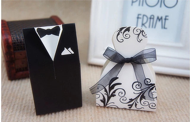 50 Pezzi Bomboniere Matrimonio Scatole Per Confetti A Forma Di Abito Da Sposa E Frac - Set Da 25 Scatole Sposa E 25 Scatole Sposo Con Nastri