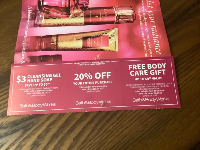 NEW Bath And Body Works Coupons 20% Off/ Body Care Gift & Hand Soap Exp 10/29/23