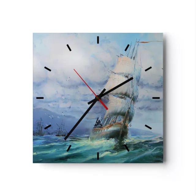 Horloge murale en verre 30x30cm Silencieuse mer voilier Wall Clock Decoration