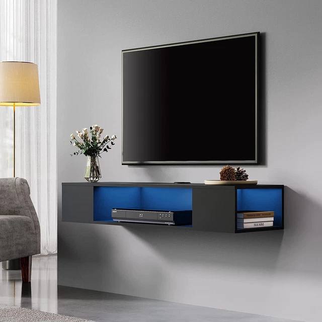 FLOATING TV STAND Shelf with Blue LED Lights, Wall Mounted