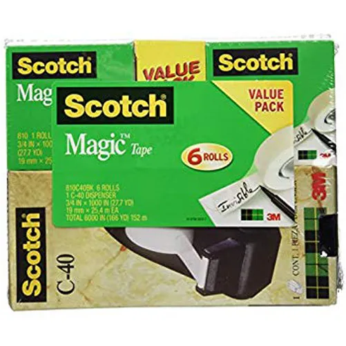 Pack de valeur bande magique Scotch 810C40BK avec distributeur C40, 3/4" x 1000", 1" Core, 6pk