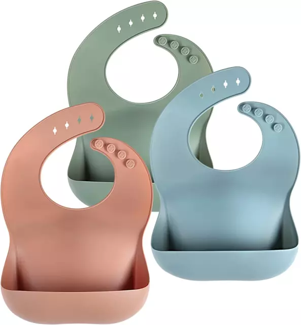 Silicone Baby Bibs Babies & Toddlers Set of 3, BPA Free Unisex Soft Adjustable W