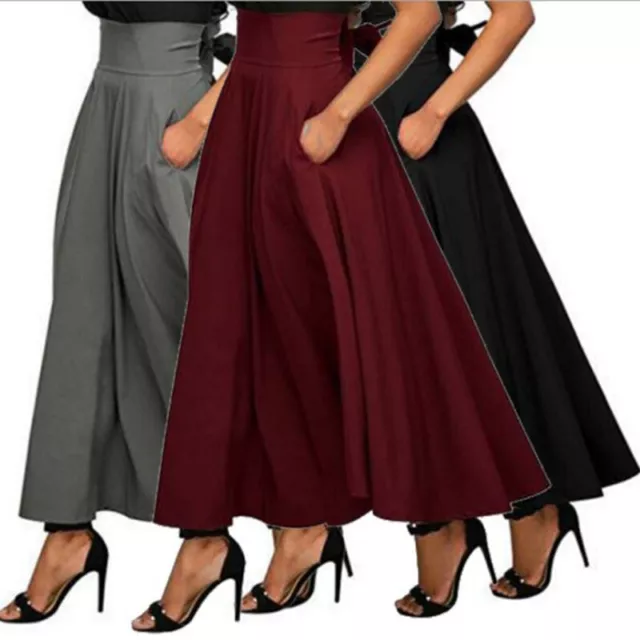 Women Elastic High Waist Flare A-Line Skirt Ladies Casual Loose Long Maxi Dress