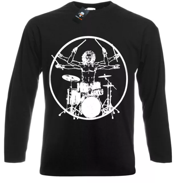 Vitruvian Drummer Long Sleeve T-Shirt Drums Drum Kit Stick Music Rock Metal Top