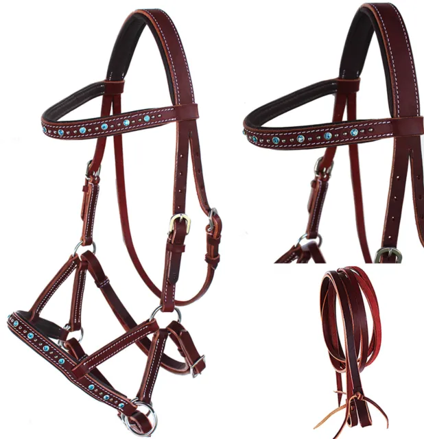 English Western Horse Leather Bitless Bridle Sidepull Reins Turquoise 77Rs05Tr-F