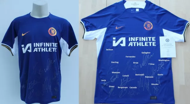 2023-24 Chelsea Home Shirt Squad Signed inc. Fernandez & Nkunki Official COA Map