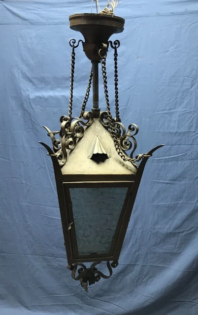 Vintage Metal Hanging Light Fixture Textured Privacy Glass Old Gold 1466-22B