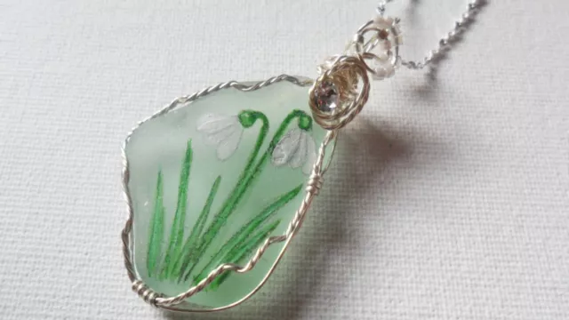 Snowdrop wildflower necklace hand painted english sea glass 18" silver chain
