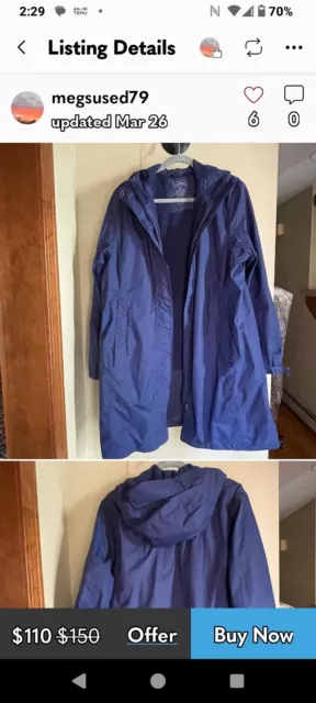 LL Bean Womens Waterproof Hooded Rain Jacket Sz XL Coat Soft Mesh Cloth Liner