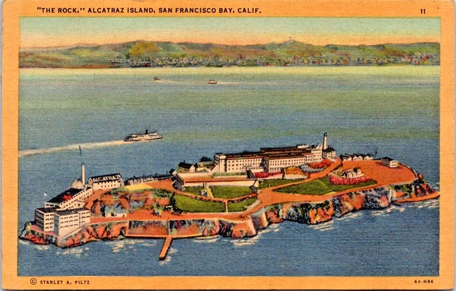 Postcard: San Francisco Bay, CA Alcatraz Island "The Rock" Aerial View 1940's