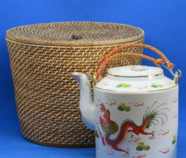 Chinese export vintage Art Deco oriental antique dragon teapot in basket box