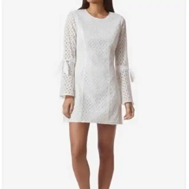 Avec Les Filles White Eyelet Tie Bell Sleeves Cotton Mini Dress Women's Size XS