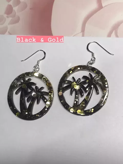 Palm Tree Silhouette Earrings Free P&P Resin and Sterling silver. Holiday,