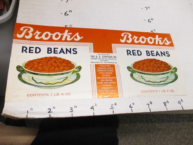 BROOKS red beans 1930s tin can food paper label G.S. Suppiger Co Belleville IL
