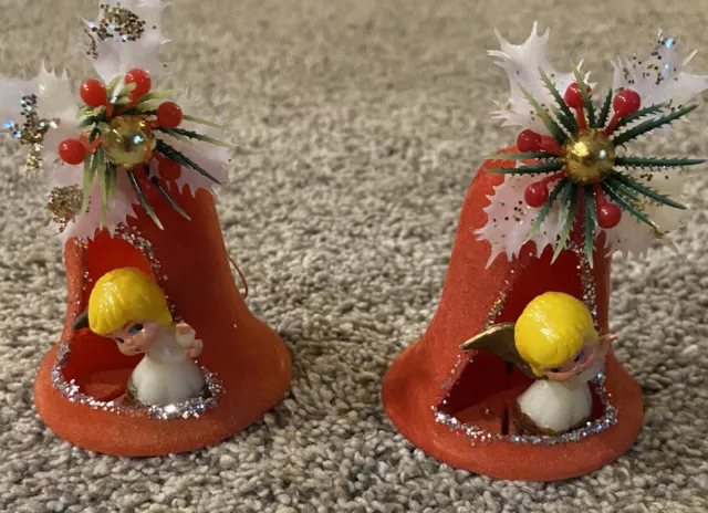 Vintage Red Flocked Angel Diorama Bell Christmas Ornaments Mid Century Modern