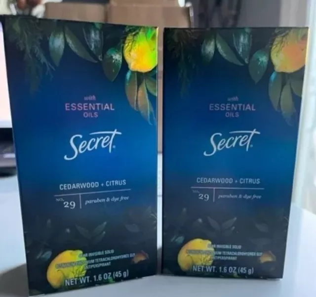 Lot of 2 Secret Antiperspirant Deodorant Essential Oils Cedarwood + Citrus No 29 Lot of 2 Secret Antiperspirant Deodorant Essential Oils Cedarwood + Citrus No 29