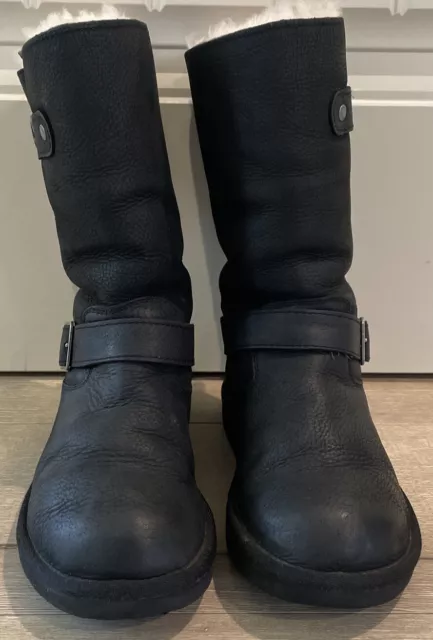 UGG Australia Kensington Black Leather Boots with Buckles Moto Style Womens SZ 5