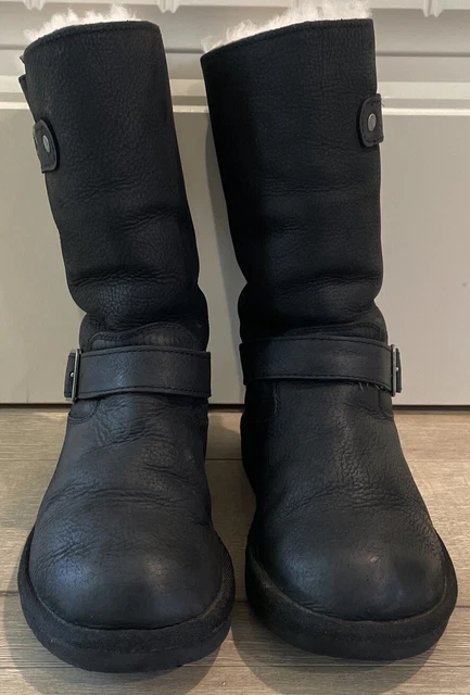 UGG Australia Kensington Black Leather Boots with Buckles Moto Style Womens SZ 5 UGG Australia Kensington Black Leather Boots with Buckles Moto Style Womens SZ 5