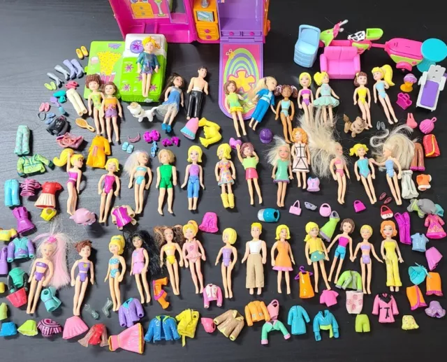 Huge Fashion Polly Pocket Lot of 35+ Doll Figures, Clothes, Pets + Accessories