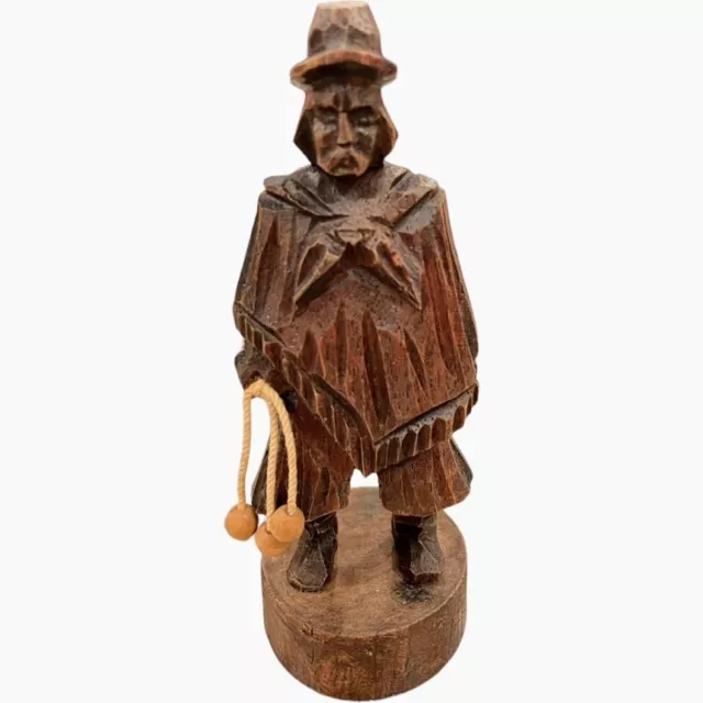 Hand Carved Wooden Man with Whip Dark Wood Gaucho Figure Old Man Statuette Vtg