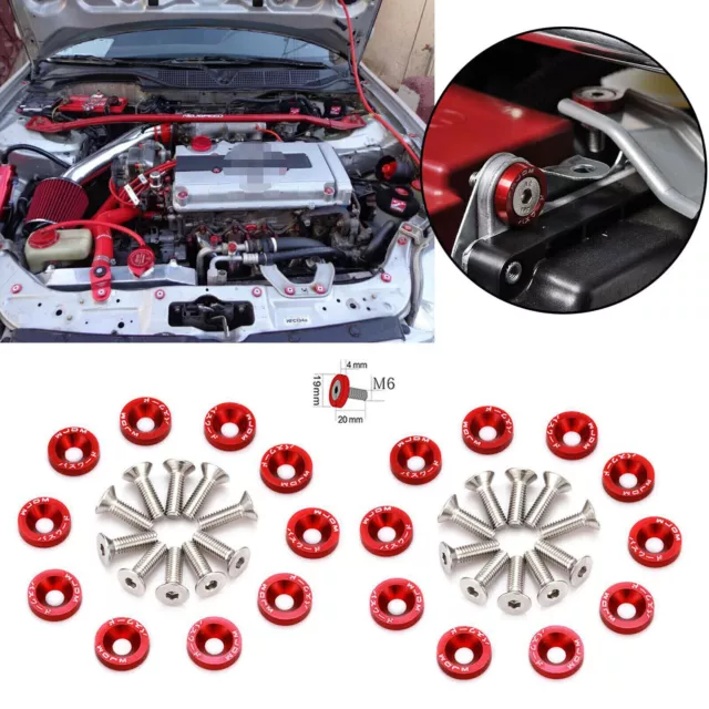 20Pcs Red JDM Billet Aluminum Fender/Bumper Washer/Bolt Engine Bay Dress Up Kit