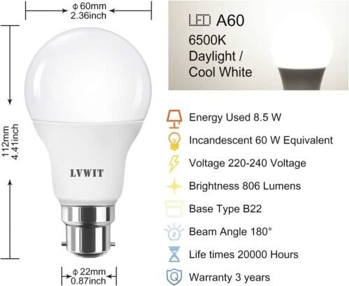 Tageslicht B22 LED Glühbirne, LVWIT 8W Bajonettlicht, 60W Äquivalent, GLS... 3