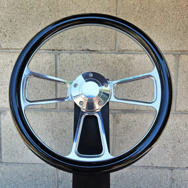 14" Polished Half Wrap Steering Wheel Black Hydro Chevy Muscle C10 Ford Hot Rod