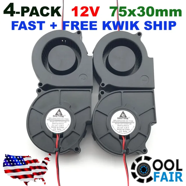 12v Gdstime 75x75x30mm Brushless Turbo Blower Cooling Fan 75mm 7530 2-pin 4-Pack