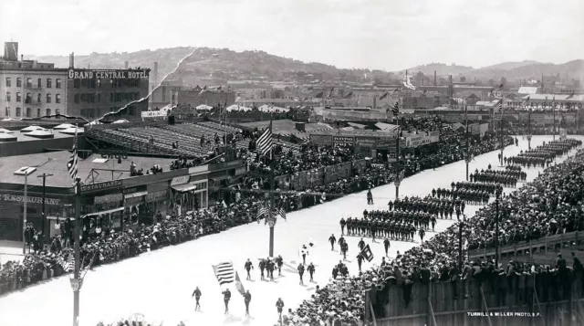 1908 SAN FRANCISCO GREAT WHITE FLEET PARADE w/NAVY SAILORS on VAN NESS~NEGATIVE