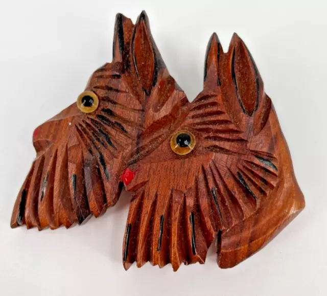 Vintage Hand Carved Wood Scottie Terrier Dog Head Duo Pair Glass Eyes Brooch Pin